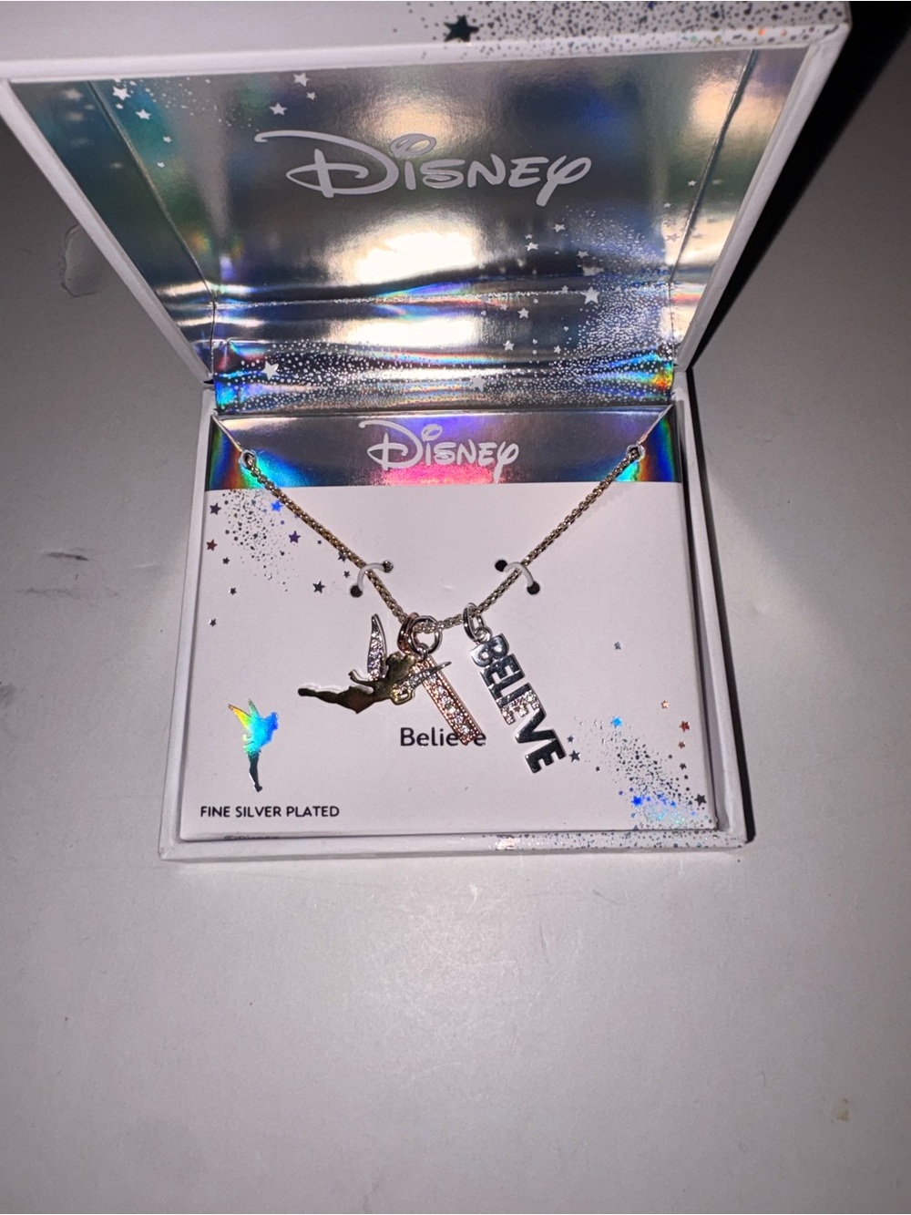 Disney fine silver-plated Tinker Bell "Believe" charm necklace